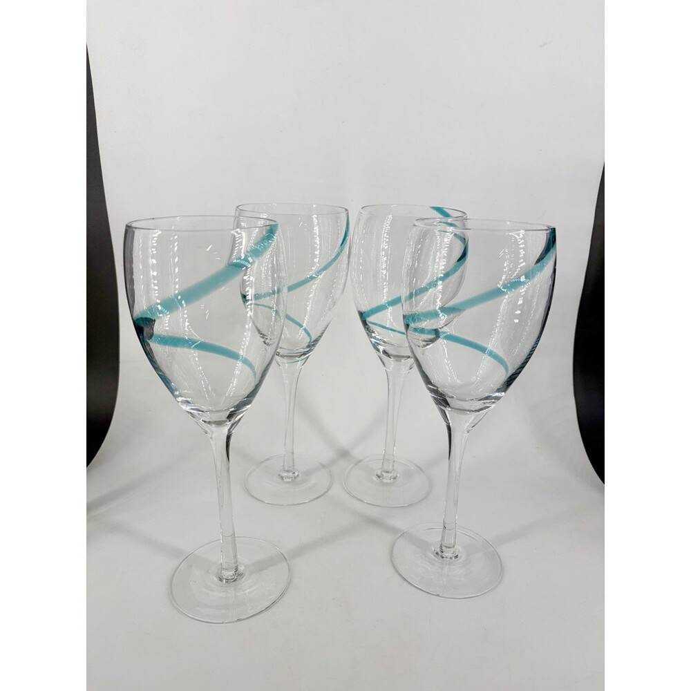 Pier 1 Swirl Wine Glass Teal Aqua Swirline Mouth Blown Ribbon Set 4